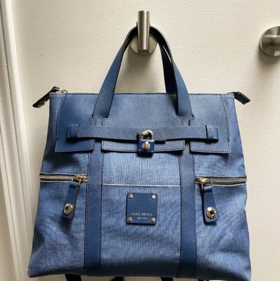 HENRI BENDEL Blue Coated Canvas Leather Jetsetter Convertible Backpack - Picture 3 of 12